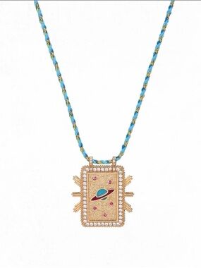 Gold Plated Planet Pendant Lab pink & White Sapphire with Blue Cord Gold Accent